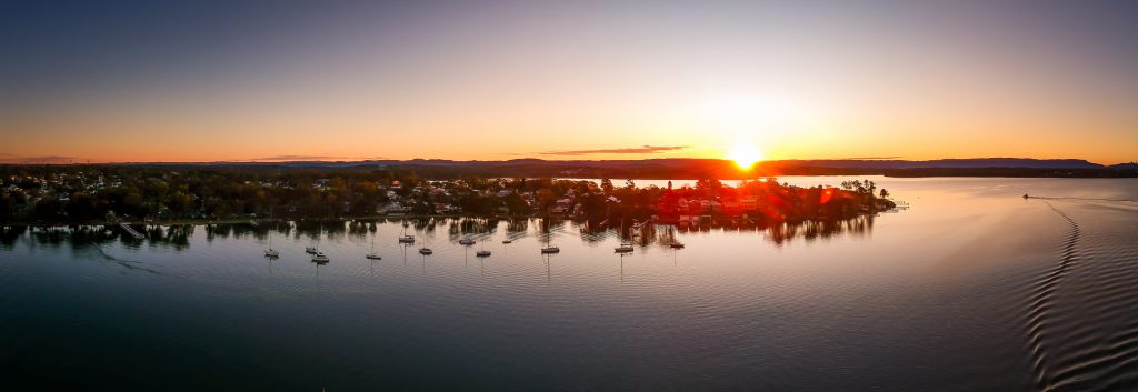 Sunset over Lake Macquarie from the sky