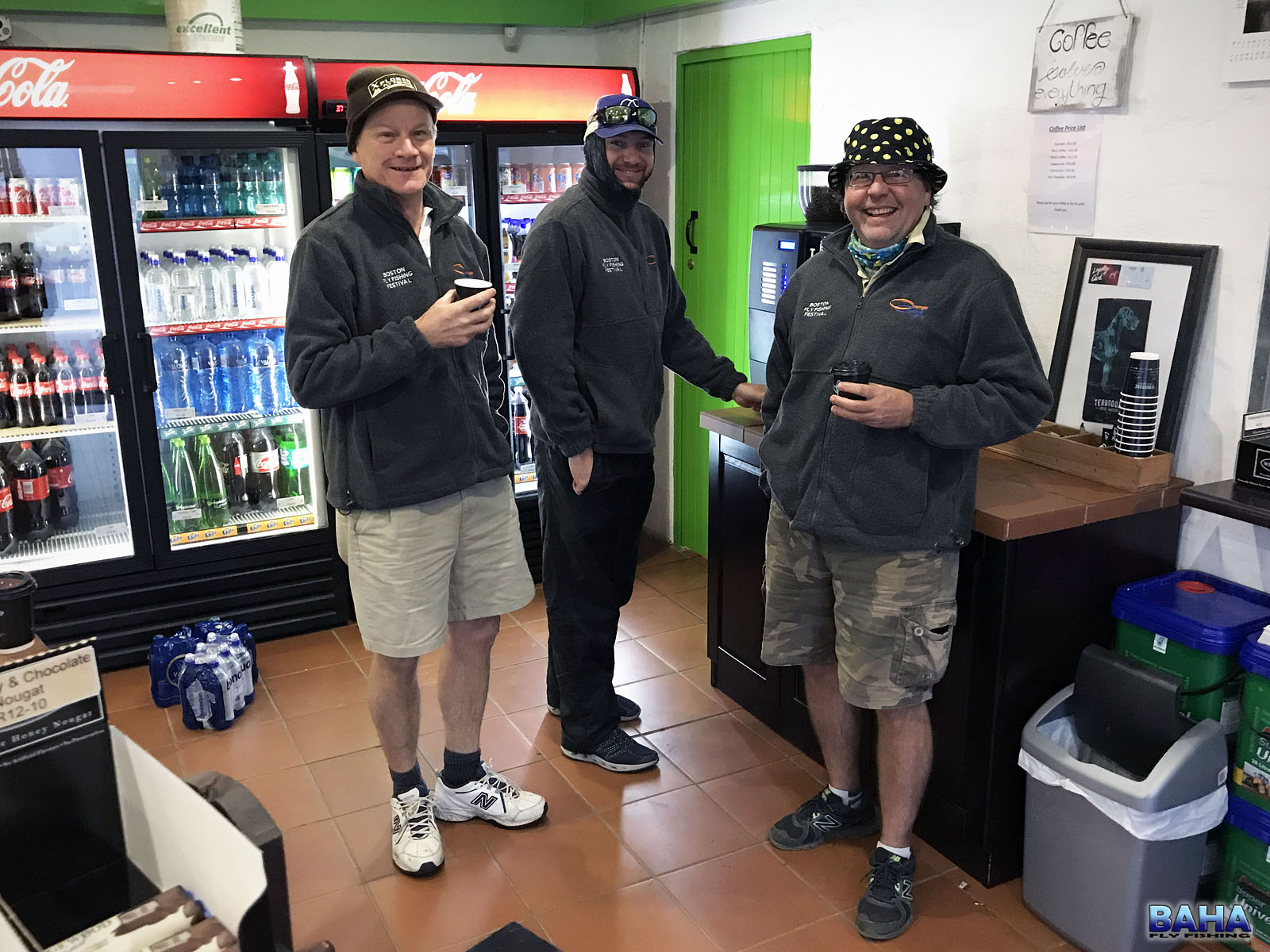 Bruce, Keegan and Neill having coffee at the Boston Garage