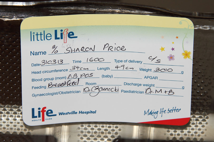Emma Jane Prior's hospital card