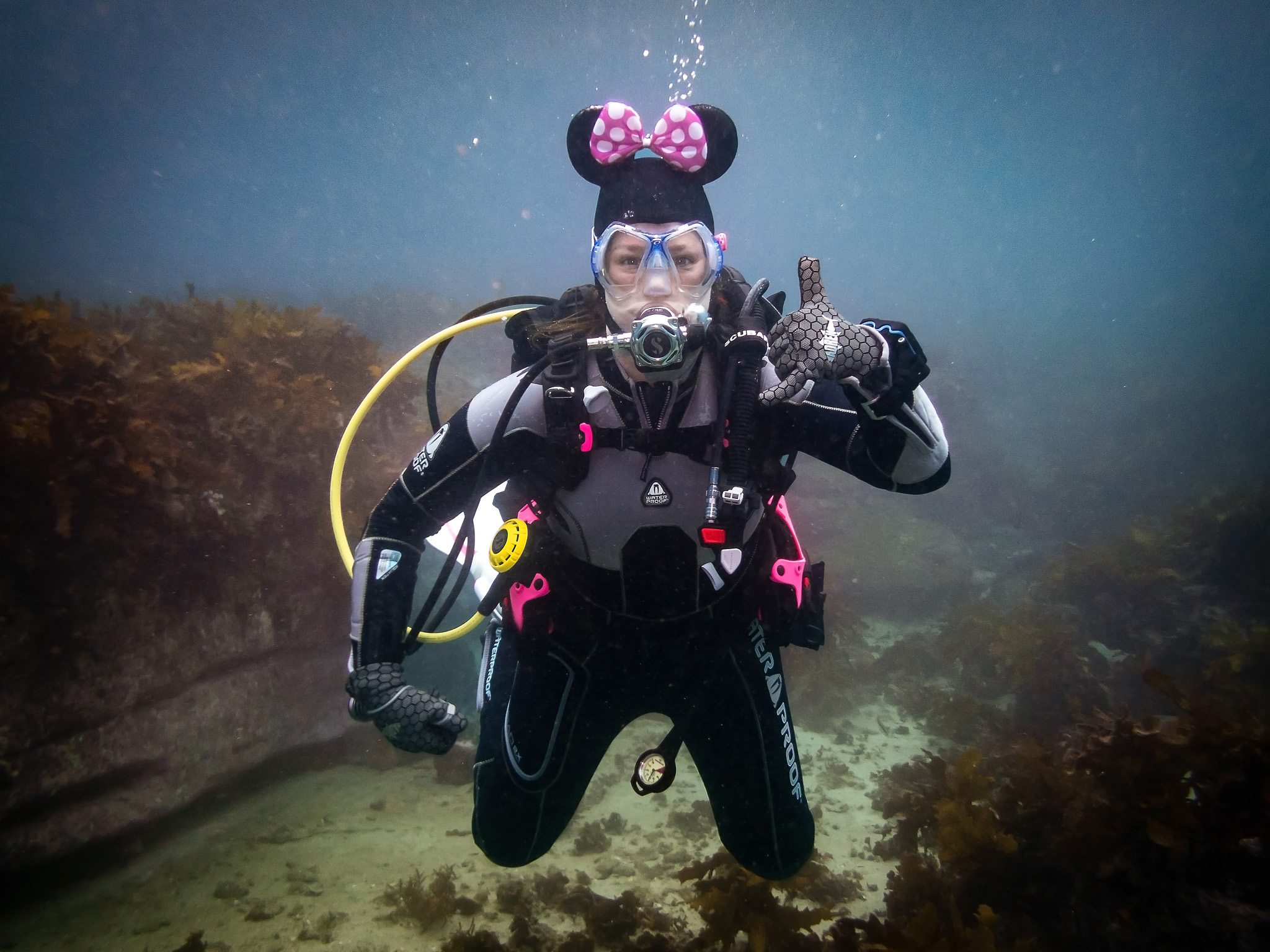 Sharon rocking a Minnie Mouse hood, courtesy of Frog Dive